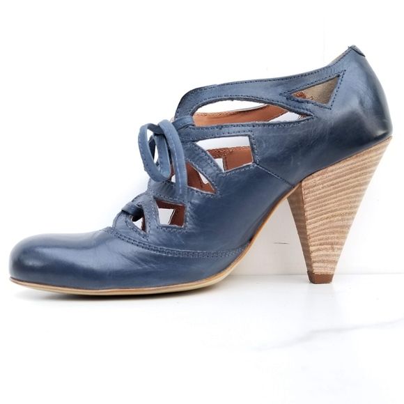 NEXT Pumps Laser Cut Out Blue Leather Lace Up Heel - Picture 3 of 8